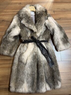 Stand Studio Gray Faux Fur Coat with Black Leather Tie